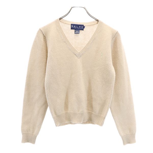 

RALPH LAUREN One point embroidery Long sleeve V neck sweater S Beige knit Women Used