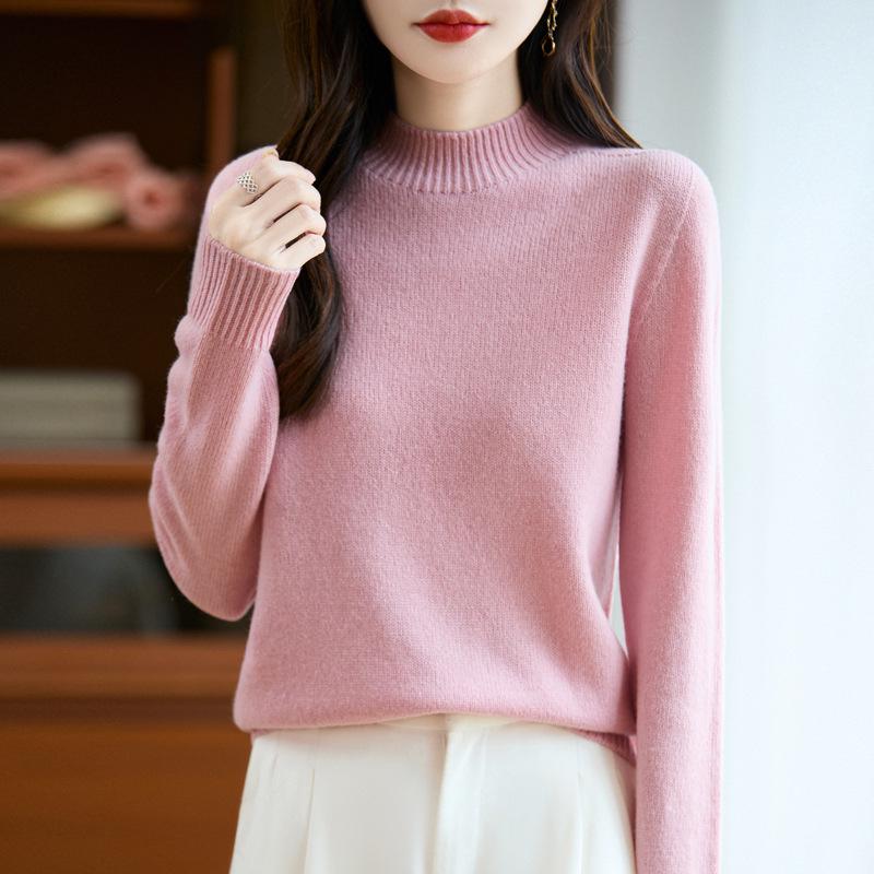 Women's Pure Color Wool Sweater - Half-High Collar, Loose Knit Pullover for Autumn/Winter