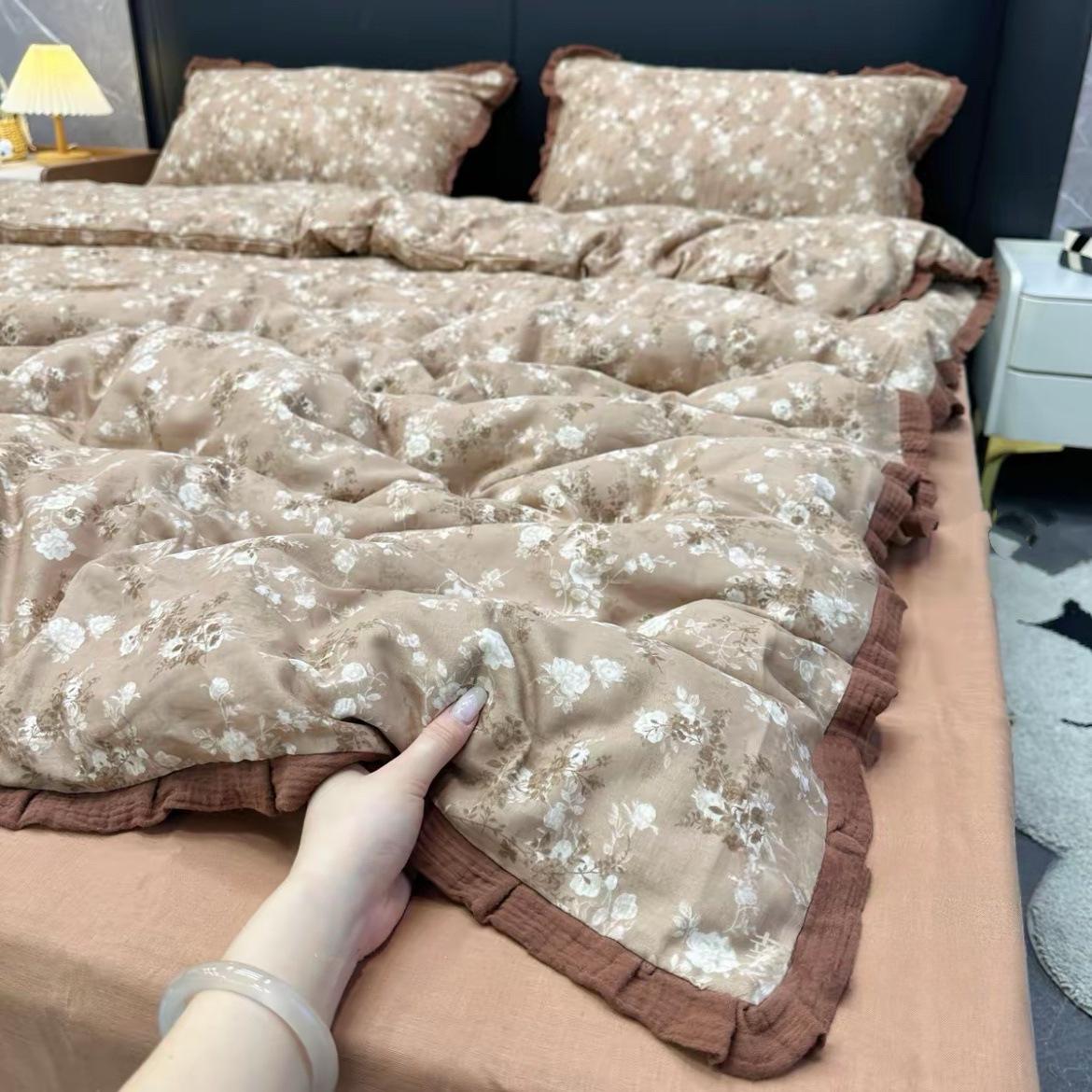 Adorable Cotton Double-Layer Gauze Bedding Set - Soft Pure Cotton for Moms & Babies (3-Piece Student Set) 1.2m Flat, 3pcs, Duvet 150*200cm