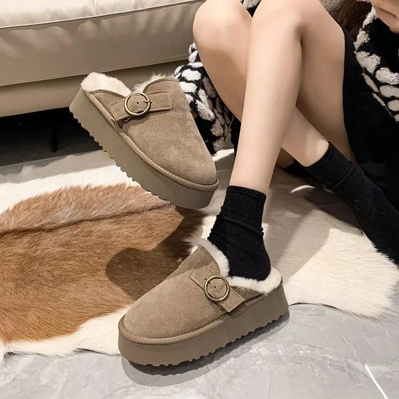 Fashion Women's Shoes 2024 Fashion Closed Toe Women's Slippers Winter Plush Fleece for Warmth Solid Platform Casual Comfortable Slippers
