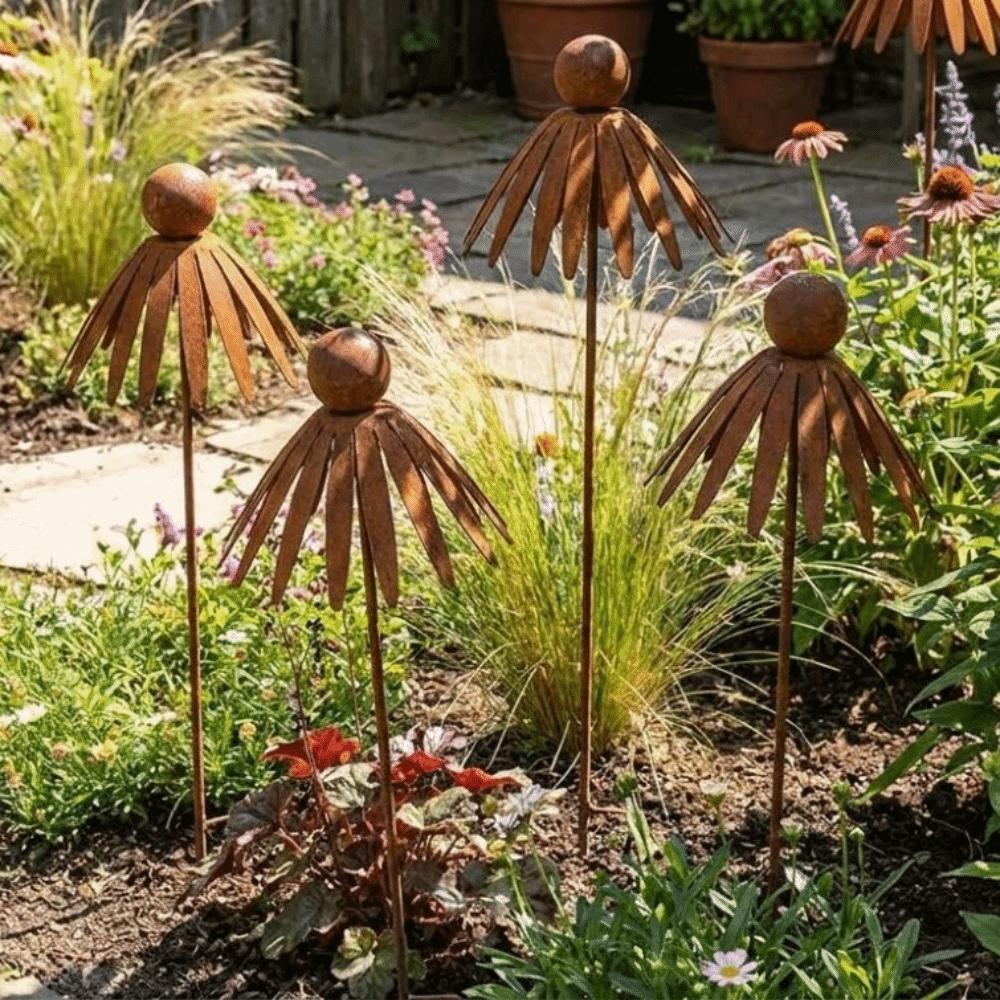 Rusted Iron Flower Outdoor Stake Weather Resistant Curved Petal Stake  Walkway Landscape