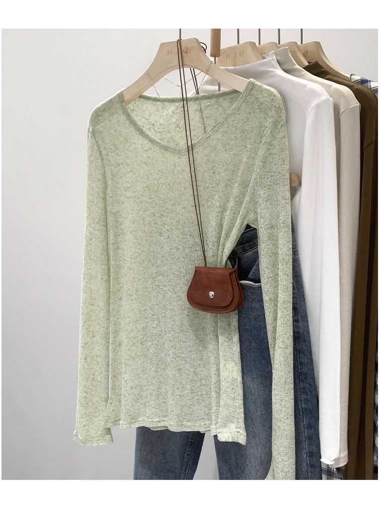 Szykowany kardigan z dekoltem w serek, z prześwitującego materiału chroniącego przed słońcem - Słodka i pikantna koszulka z długim rękawem dla kobiet, na wiosnę i jesień