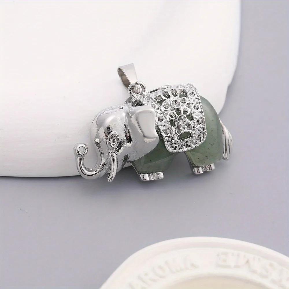Bohemian Natural Crystal Turquoise Green Aventurine Elephant Pendant Women's Holiday Jewelry Natural Crystal Elephant Pendant