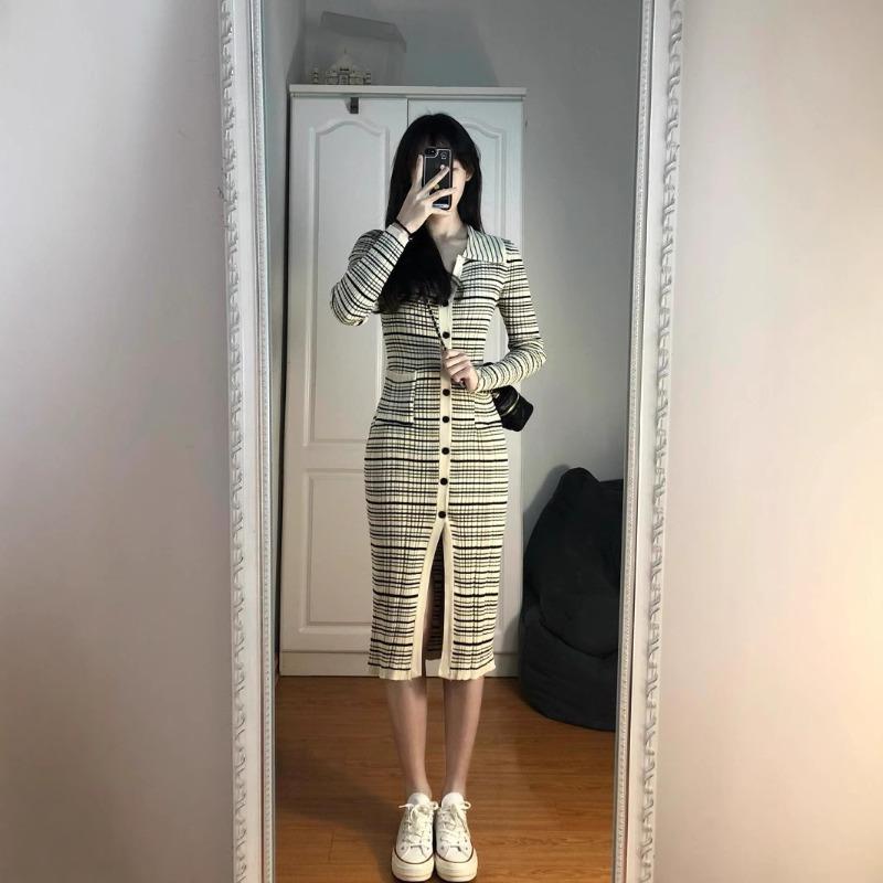 Autumn and Winter New Retro Striped Knitted Dress with a Coat Inside and a Long Thin Sweater Skirt for Women