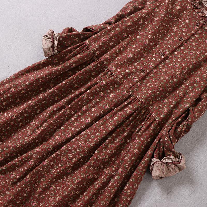 Autumn Japanese Mori Women's Floral Dress with Wooden Ears Mid-length Literary Casual Half-cardigan Long-sleeved Women's Skirt