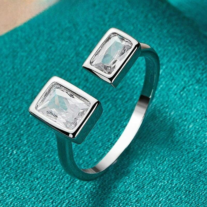 Silver Color Double Square Zircon Open Ring For Women Wedding Party Charm Jewelry