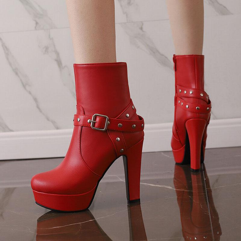 Belt Buckle Platform Boots Women High Heels Ankle Boots Autumn Winter Big Size 42 43 Women's Boots Pumps Ladies Shoes WSH4983