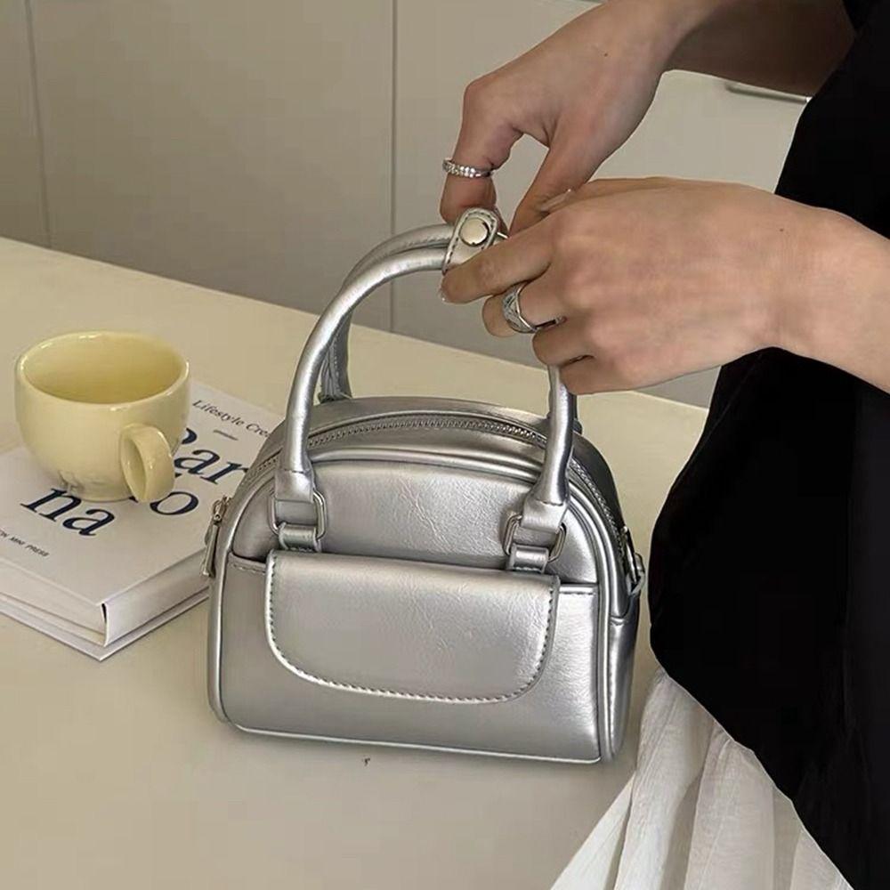 Shoulder Bag PU Bowling Bag PU Leather Boston Bag Fashion Silver Handbag Shopping