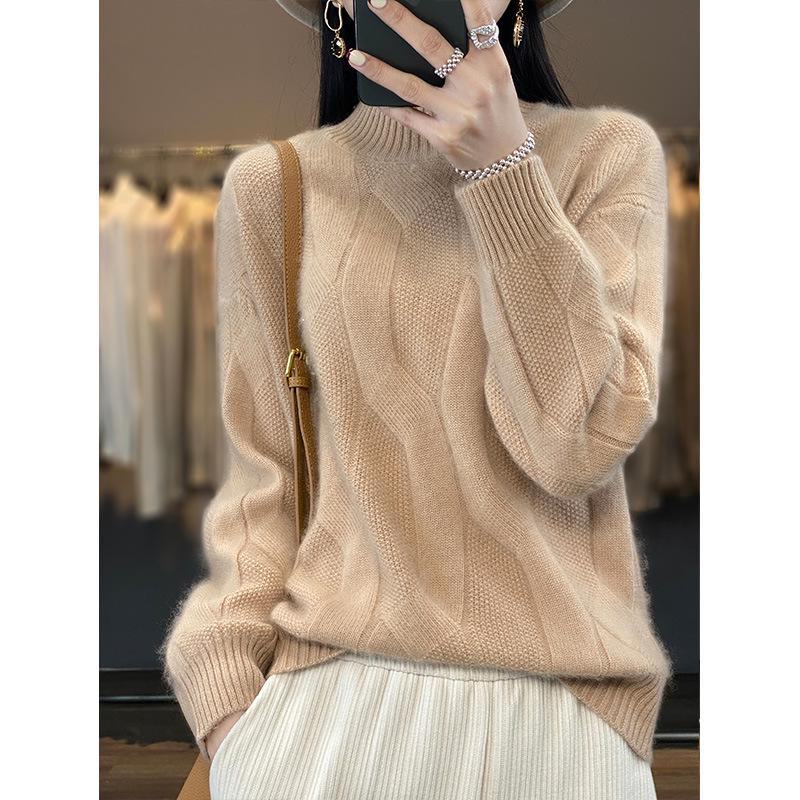 2024 Women's 100% Wool Half-High Collar Twist Sweater - Thick, Solid Color, Loose Fit, Slim Knit