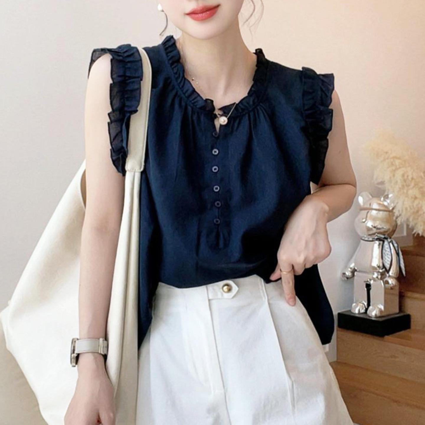 

Трендовый топ без рукавов с оборками высокого класса 2025 - Летняя мода с круглым вырезом Small темно-синий