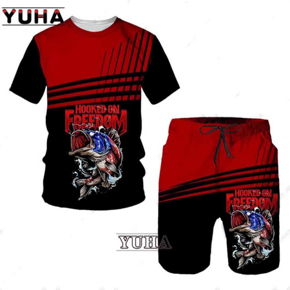 Men's Outdoor Fishing Hunting 3D Print T-shirt Shorts 2-piece Set O-neck Retro Fashion Sports Short Sleeve Pullover High-quality