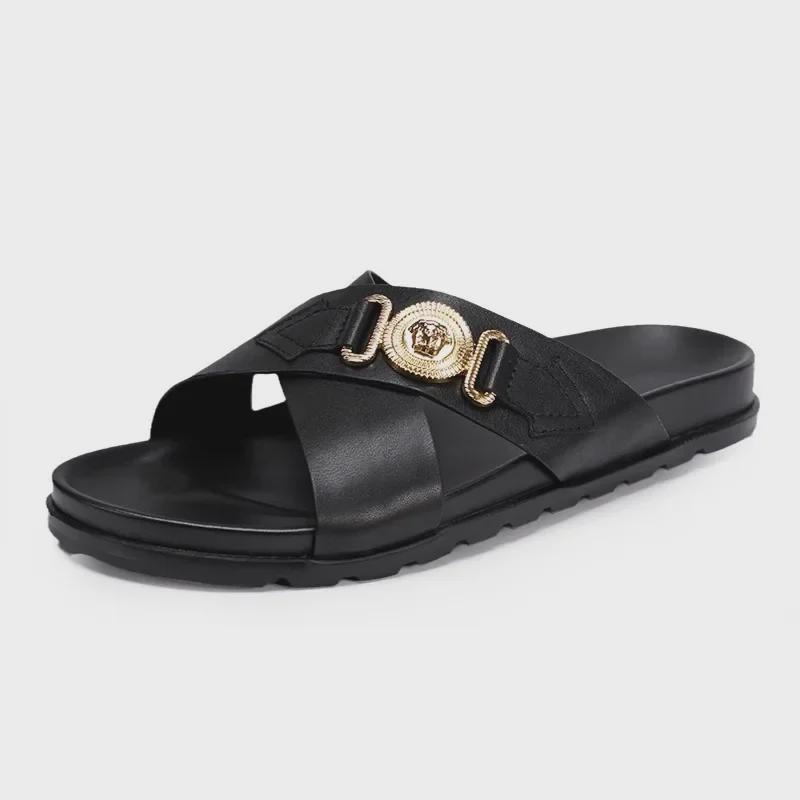Men's Trendy Genuine Leather Outdoor Cross Sandals: 2024 Summer Soft-Soled Flip Flops