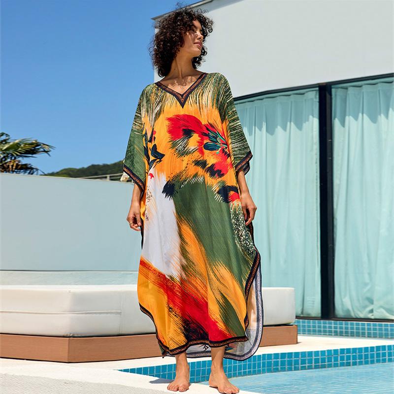 EDOLYNSA Boho Printed Plus Size Kaftan 2024 Kobiety Dekolt w Serek Rękaw Nietoperz Luźny Szlafrok Letnie Wakacje Plaża Maxi Sukienka Strój Kąpielowy Cover Up