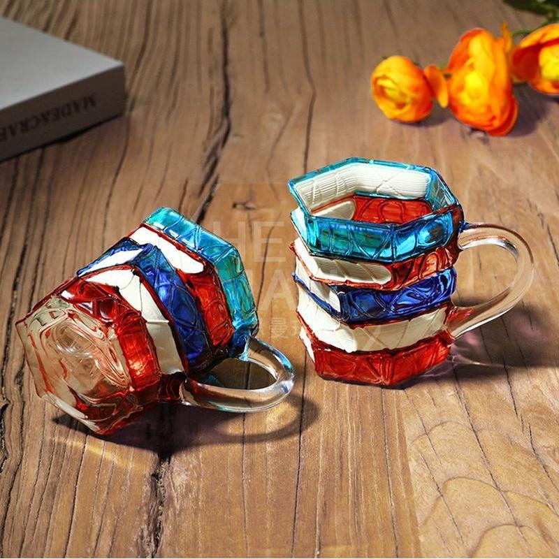 Colorful Stacked Books Shaped Glass Mug, Hand-Painted Stained Glass Style Coffee Cup