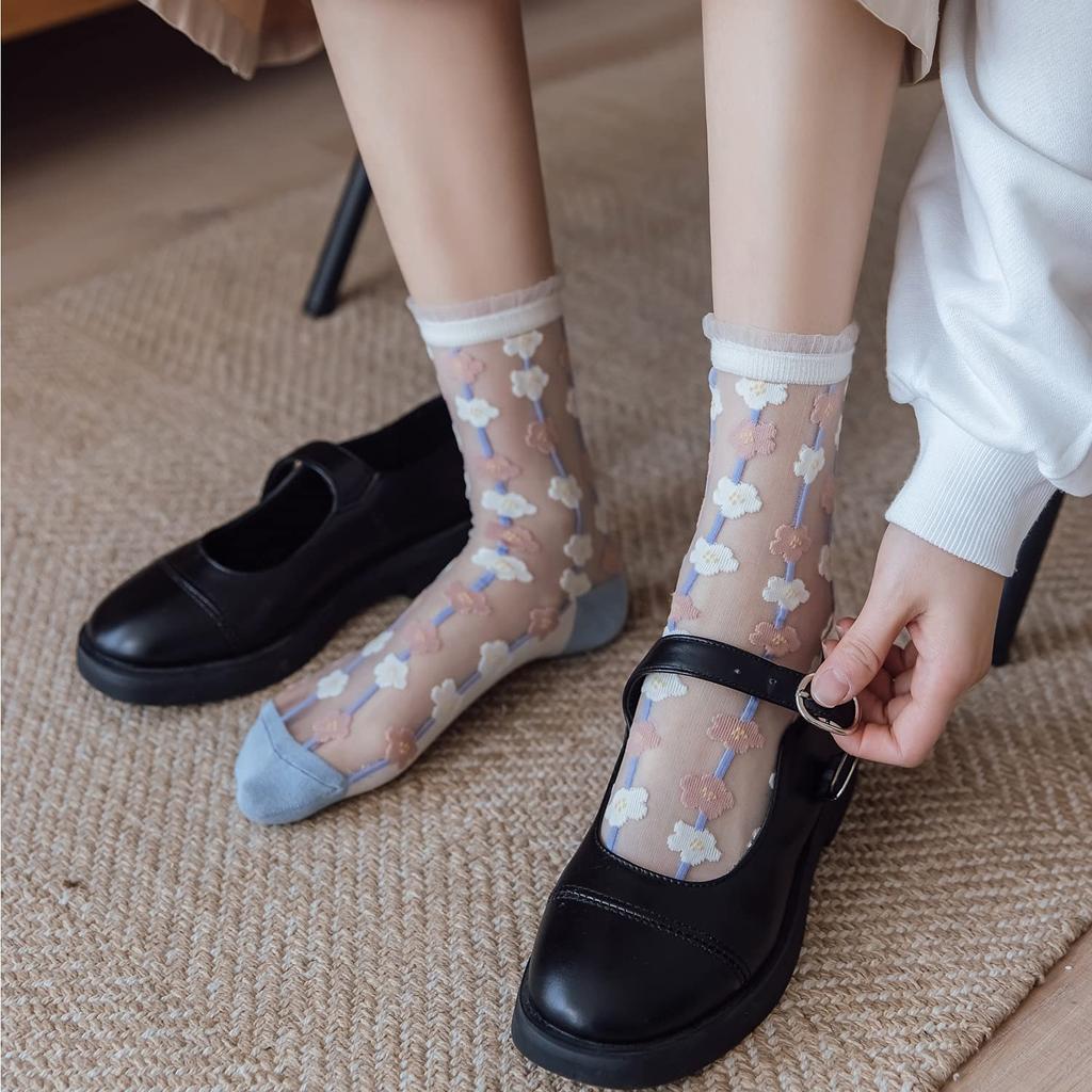 Summer Cute Lace Floral Print Sizes Women's Socks, Socks, Transparent, See-Through Socks, Stylish, Thin, Odor-Resistant, Non-Sweaty, 5-Pair Set,