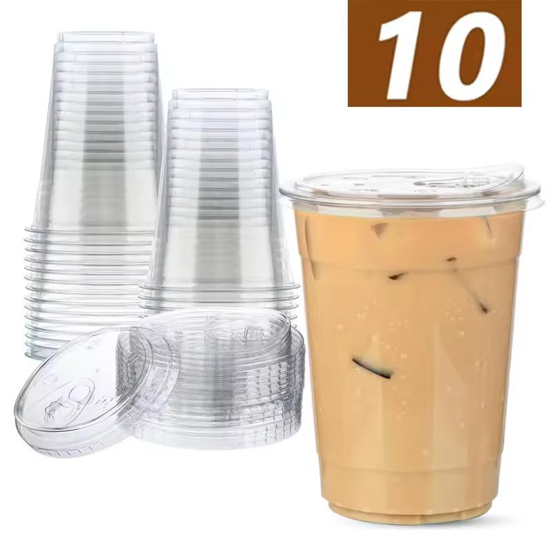 16 Oz Clear Plastic Cups With Lids Disposable Drinkware For Iced Coffee Milkshakes Tea 10 Pack Everyday Use