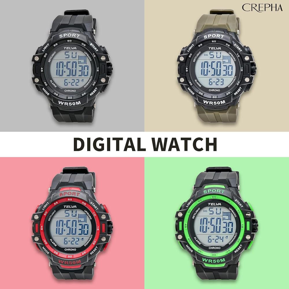 Crepha TELVA Digital Multifunction Sports Watch 5 ATM Water Resistant Large Screen Red Men's Rubber Strap