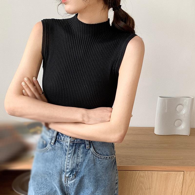 Small Sling Female Summer Wear Retro Hong Kong Flavor Matching Suit Sleeveless Top Simple Inner Base Knitted Vest