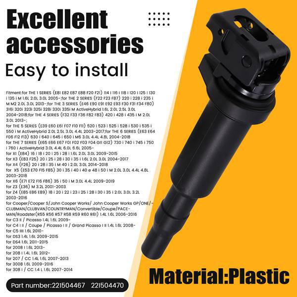 Ignition Coils 0221504467 & 0221504470 for BMW, MINI, & Peugeot - Set of 4