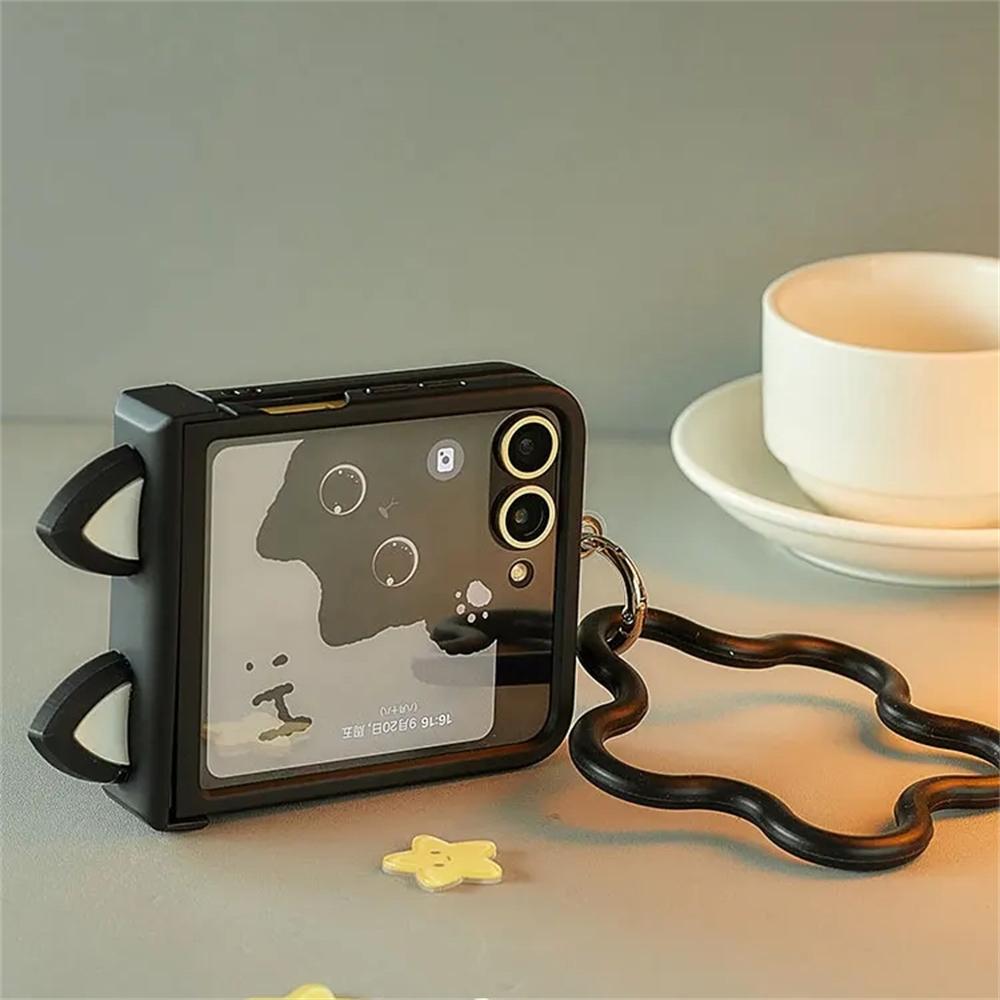 Корейський Японський Милий Чорний Чохол Для Телефона З Вушками Кішки Для Motorola Razr 60 50ultra Razr 40 Ultra Для Samsung Galaxy Z Flip 7/6/5/4/3