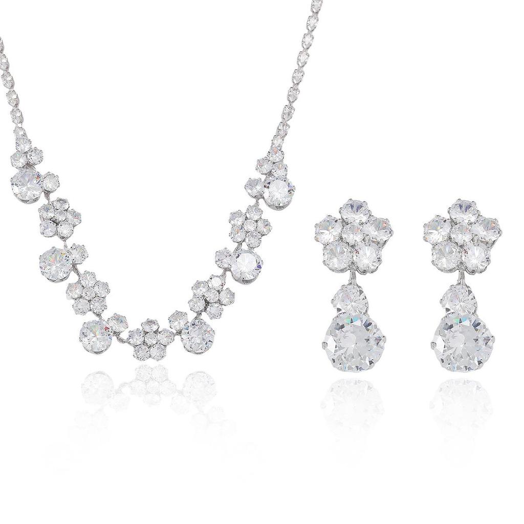 Fashionable Zircon Earrings & Necklace Set - Colorful Flower Design, Fresh Jewelry with Trendy Collarbone Chain