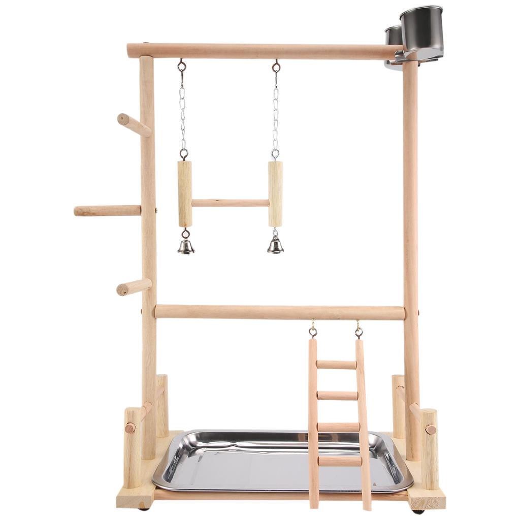 Good-Parrots Playground,Natural Wooden Parrot Perch Gym Play Stand Parakeet Ladders With Feeder Cups And Toys Exercise Play