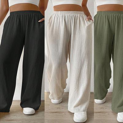 (S~5XL) Summer Women’s Casual Solid Wide Straight Leg Long Pants Elastic High Waist Long Pant with Pocket Breathable Lightweight Soft Comfy Plus Pants