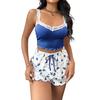 Women's 2 Piece Ribbed Pajama Set Sleeveless Lace Crop Cami Top And Tie Waist Shorts Set Summer Lounge Sleepwear Set