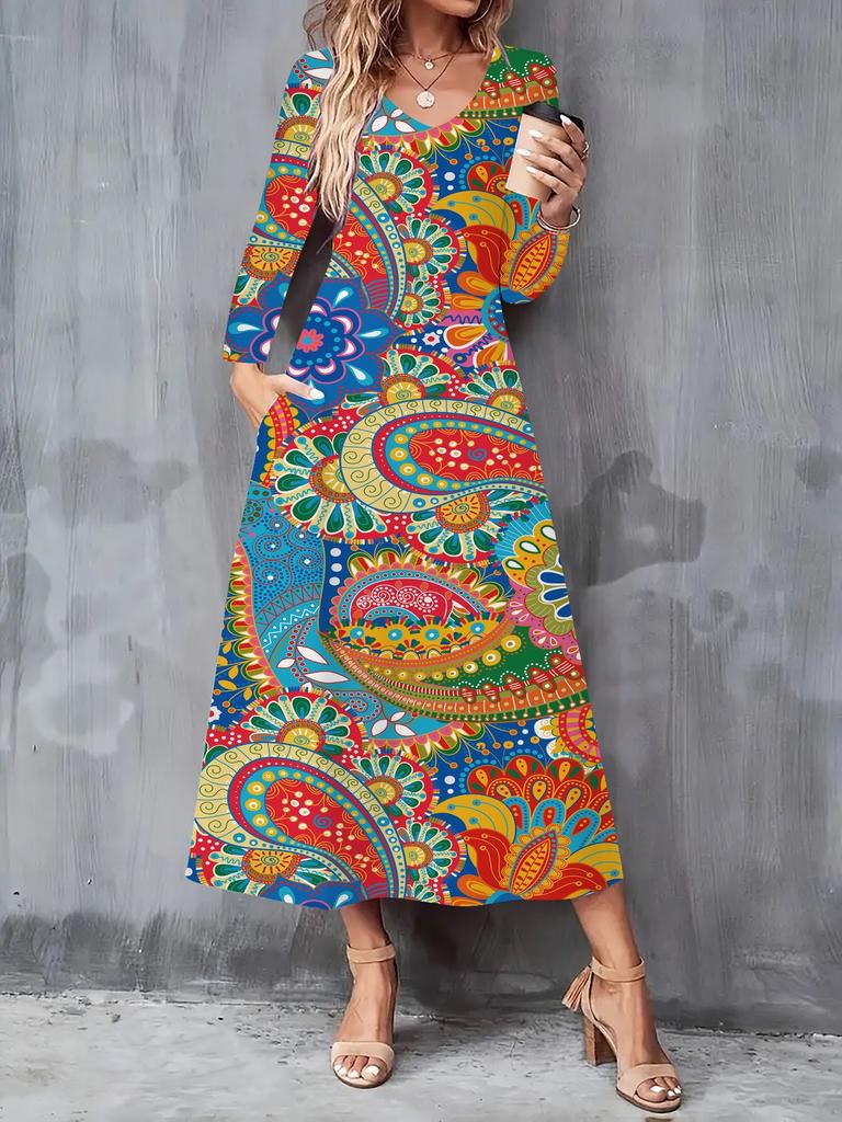 2025 Herbst und Winter Neues Damen Casual Modekleid 3D Retro Musterdruck Langarm V-Ausschnitt A-Linien-Kleider