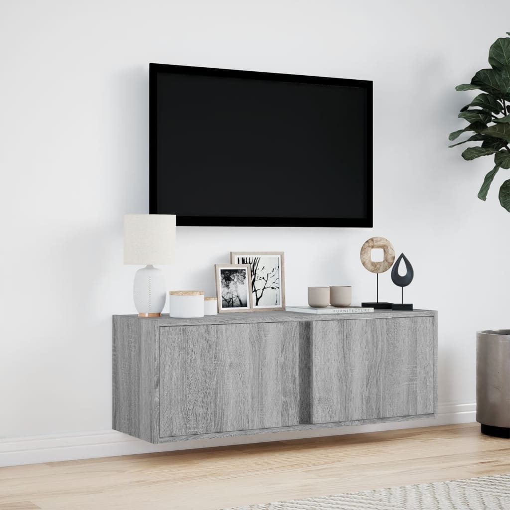 Wall Mounted TV Cabinet with LED Lighting Grey Sonoma 100 x 31 x 35 cm