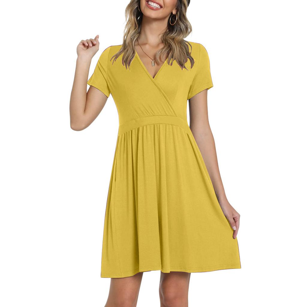 Women's Casual Fasion Solid Color Cross V-neck Short-sleeve Waist A-line Big Swing Dress