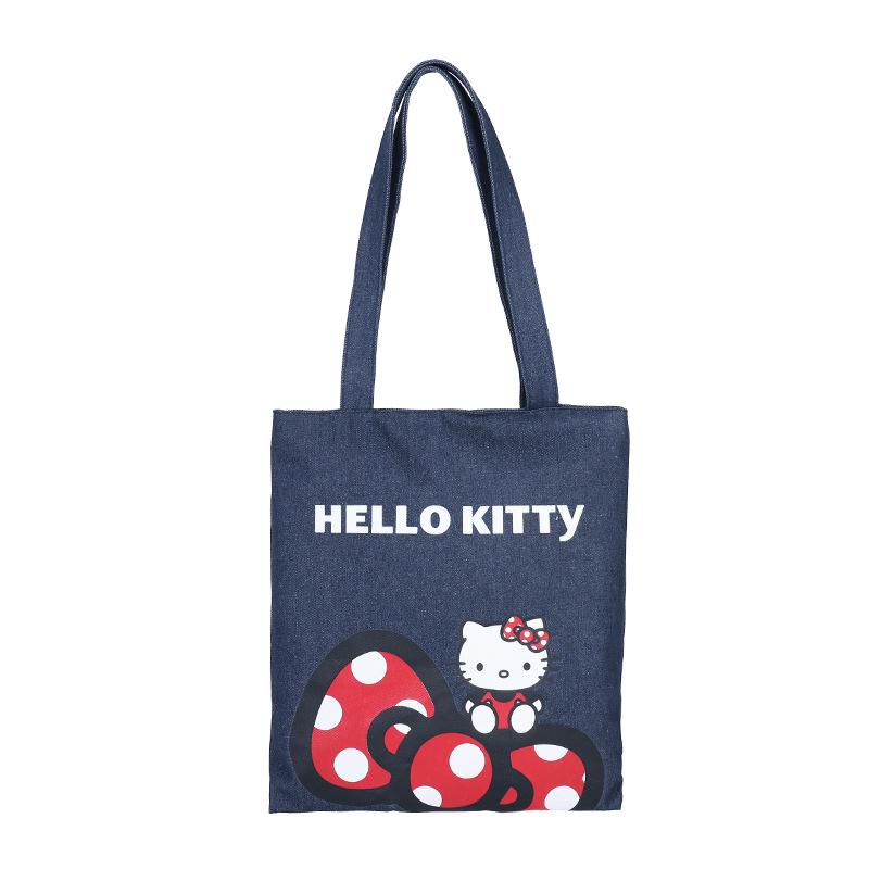 

New Kitty Women s Shoulder Bag Cute Big Bow Polka Dot Denim Women s Tote Bag Kawaii Commuter Bag Girl s Cat Shopping Handbag