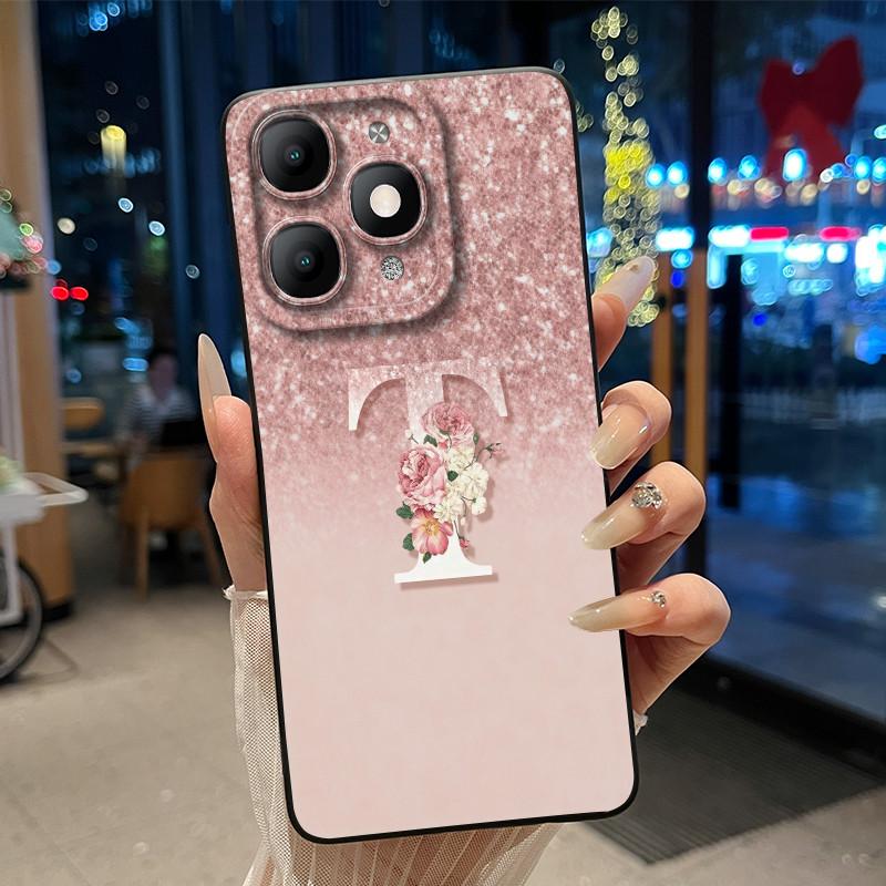 Fashion Design Initial Letter With Flower Pattern Phone Case For Itel A90 Soft Silicone Anti-scratch Black Couple Casing