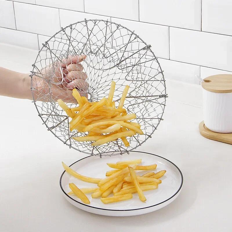 Foldable Fry Basket Multifunction Steam Rinse Strain Drainer Basket Mesh Basket Strainer Vegetable Washer Basket Kitchen Gadget
