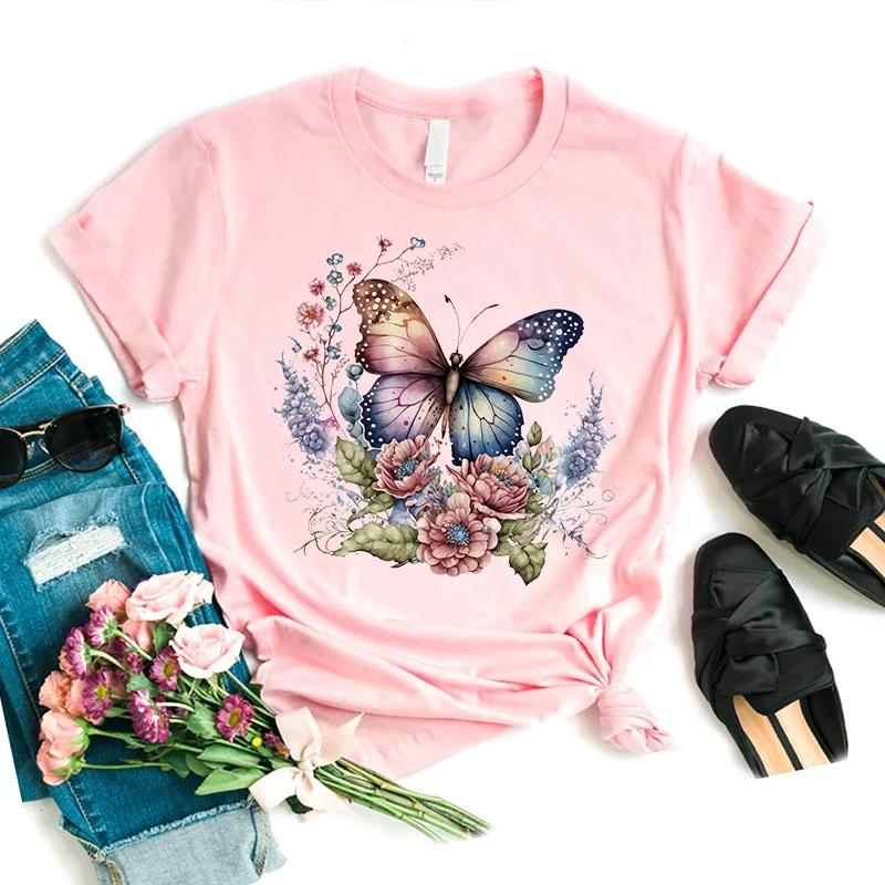 New Arrival Butterfly Flowers Printed T Shirt Girls Summer Fashion Short Sleeve Tshirt Female White Casual Tshirt Femme