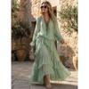 Bohemian Minzgrüner Chiffon Sonnenschutz-Strickjacke Träger Mehrlagiger Rüschenrand Urlaubs-Kleid mit großem Schwing-Rock Set