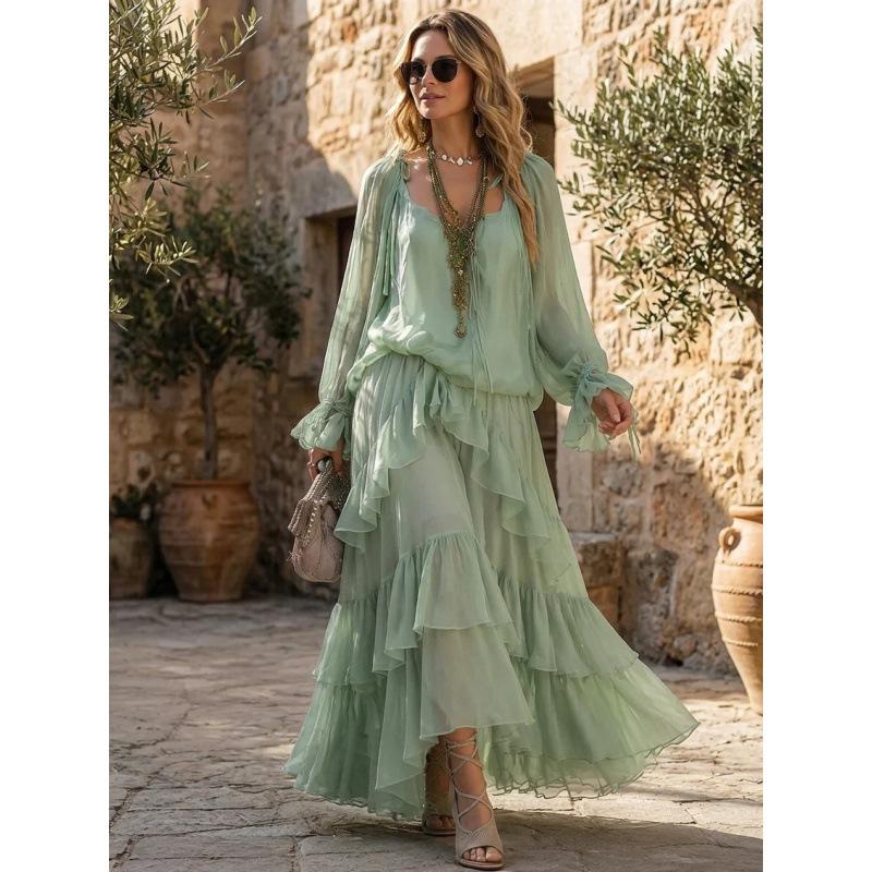 Bohemian Minzgrüner Chiffon Sonnenschutz-Strickjacke Träger Mehrlagiger Rüschenrand Urlaubs-Kleid mit großem Schwing-Rock Set