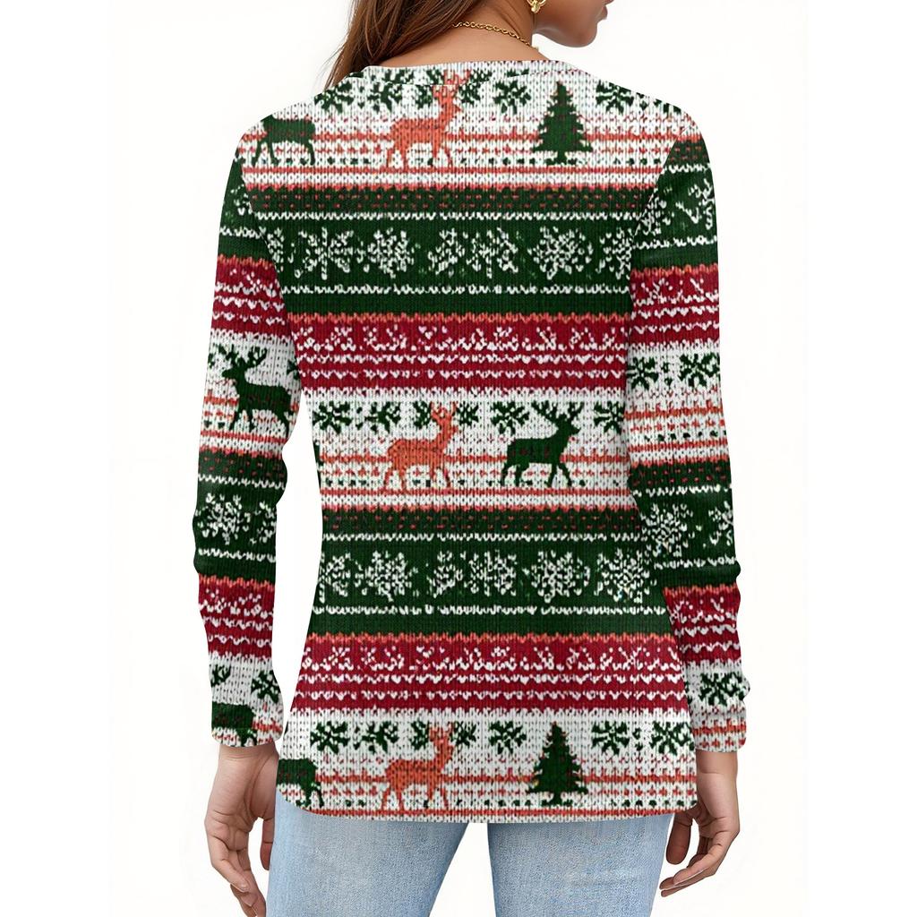Women's Fashion Casual V-Neck Long Sleeve Decorative Button Christmas Print Top