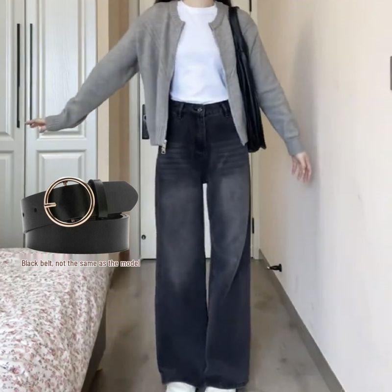 Retro Distressed High Waist Wide-Leg Jeans for Women - Spring/Summer, Loose Fit, Floor-Length, Black/Grey, Straight-Leg Trousers