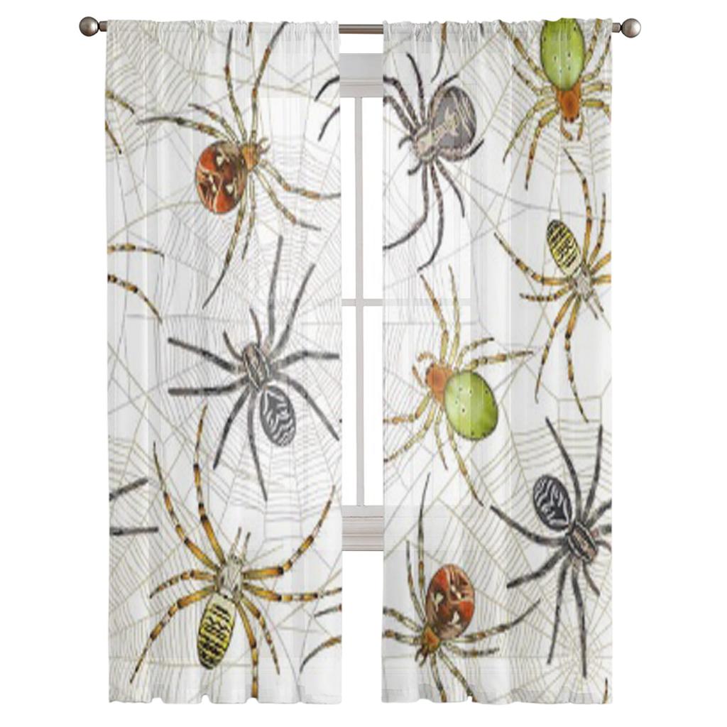 Spiders On Web Tulle Sheer Window Curtains For Living Room The Bedroom Modern Chiffon Voile Organza Curtains Decor Drapes