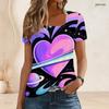 Women Plus Size Short Sleeve U Neck T Shirt Galactic Heart Planet Star Vibrant Purple Pink Cartoon Print Top
