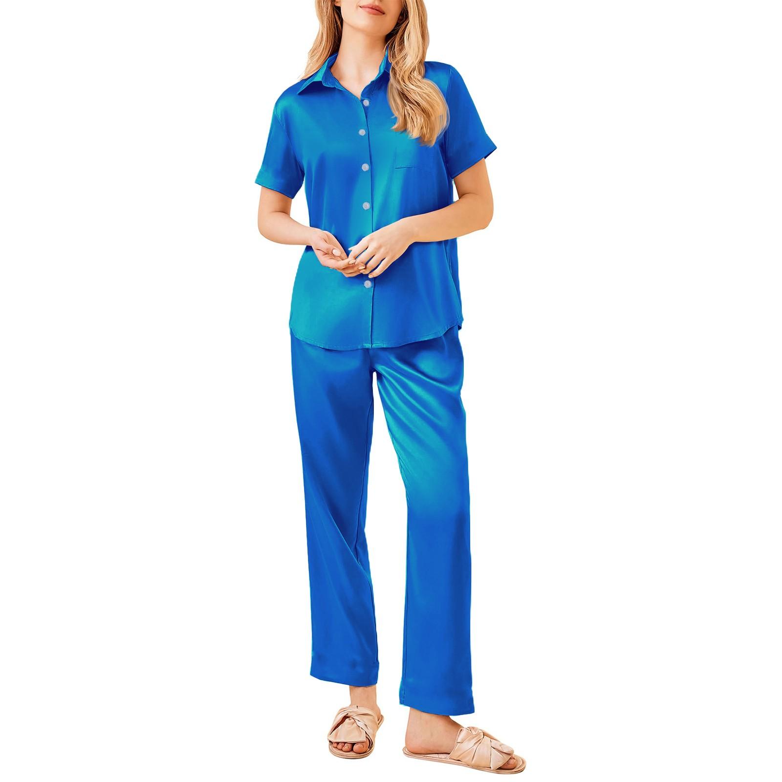 

Женский шелковый однотонный пижамный комплект, женская пижама из двух частей с короткими рукавами и длинными брюками, пижама на пуговицах и домашняя одежда XL