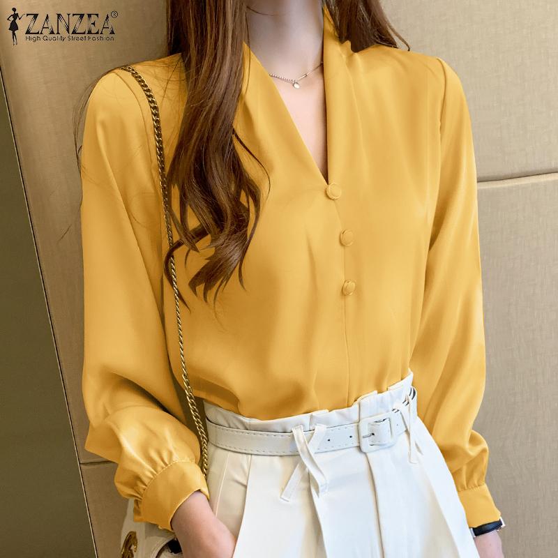 

ZANZEA Женская повседневная однотонная блузка с v-образным вырезом и длинными рукавами