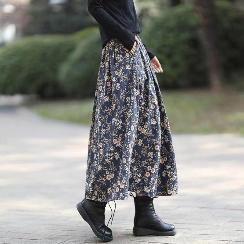 Plus Size Floral Skirt Women's Spring and Summer Retro A-line Skirt High Waist Mid-length Skirt