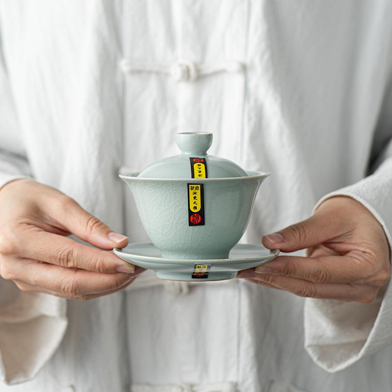 High-end handmade Ru kiln tea set, gift, gold silk opening, side handle, teapot cover bowl, teacup boutique gift box