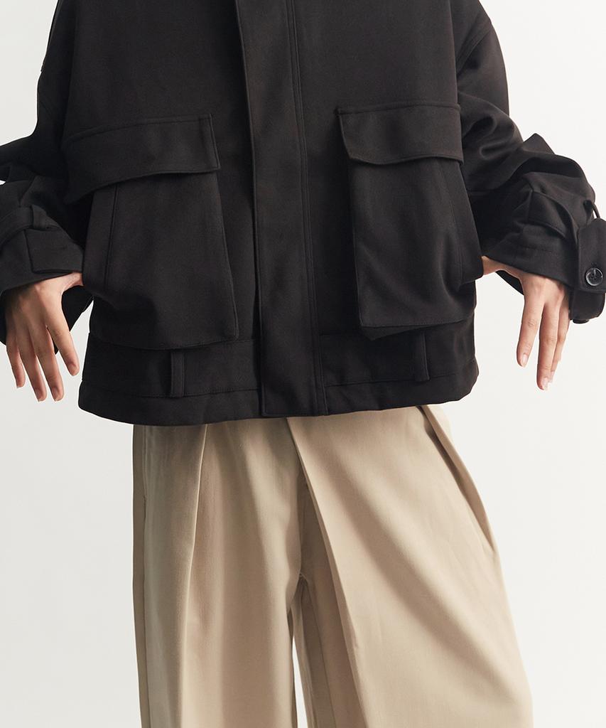 Deulouem Wide Half-Band Asymmetrical Pants (Beige)