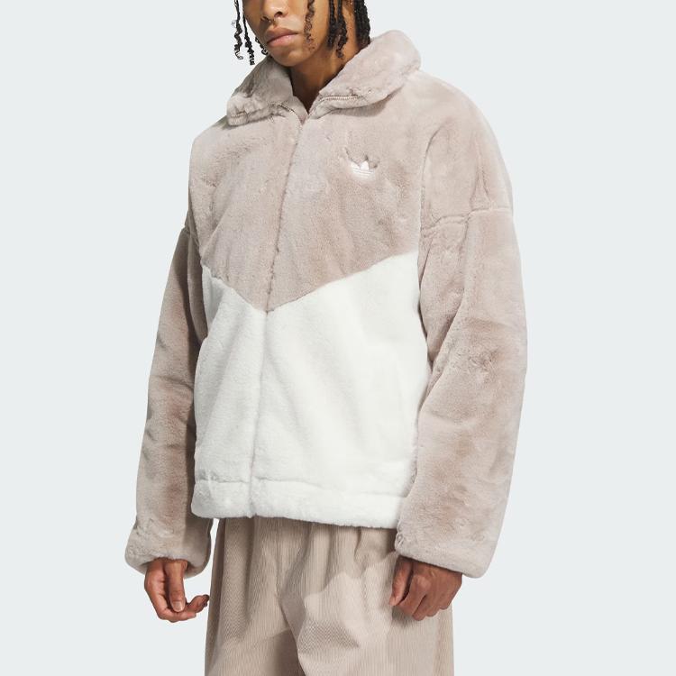 Adidas Originals Trefoil Colorblock Logo Fleece-Lined Thick Jacket Unisex Outerwear Grey Brown IN0982