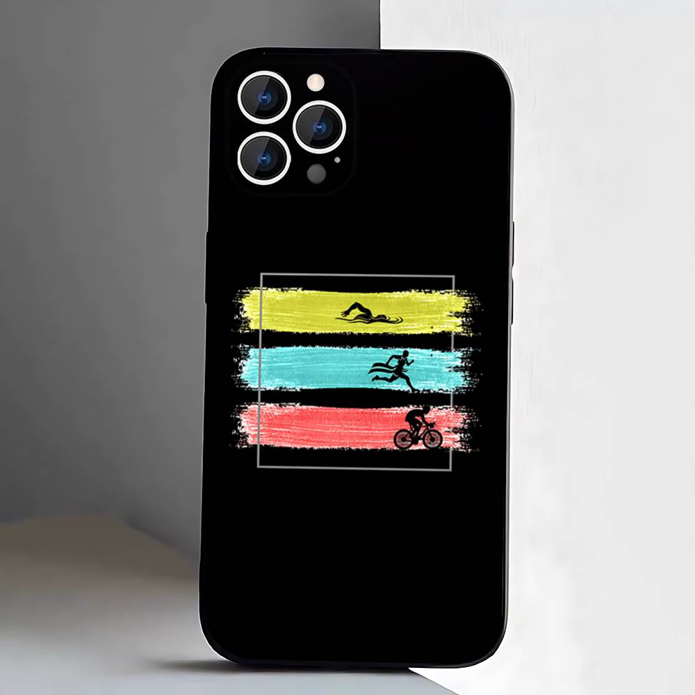 Triathlon Swim Bike Run Case For iPhone 17,16,15,14,13,12,11 Air,Plus,Pro Max,XS,X,XR,SE,Mini,8,7,Soft Silicone Black Cover