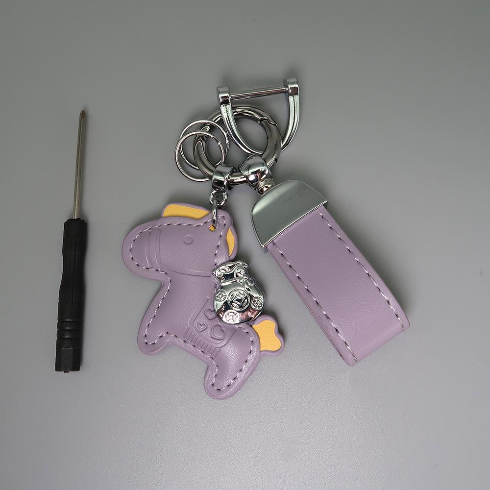 Instant Wealth Leather Keychain with Cartoon Pony Pendant for Couples – Trendy Bag and Car Accessory