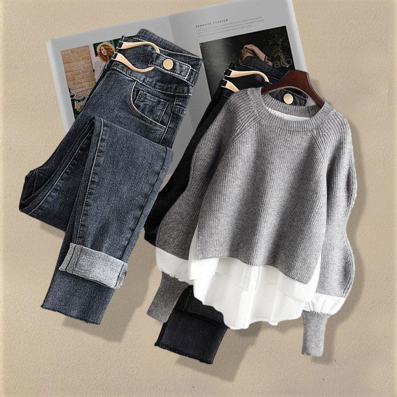 Autumn Suit Female Korean Version of The Niche Design Sense Fake Two-piece Sweater Slim Jeans Two-piece Suit